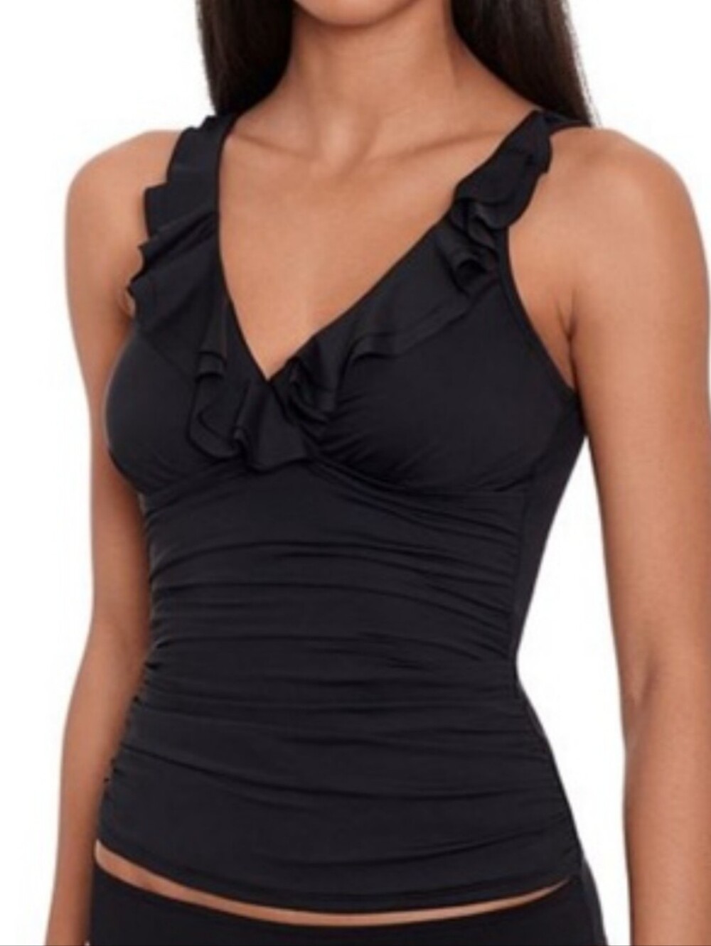 Dridreo NWT Black Ruffle V-Neck Tankini Swim Top Tummy Control